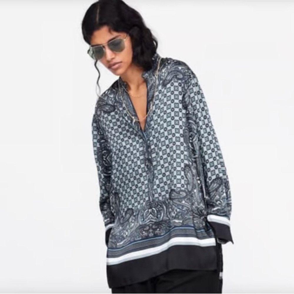 Zara Blue Black Paisley-Print Longline Satin Blouse